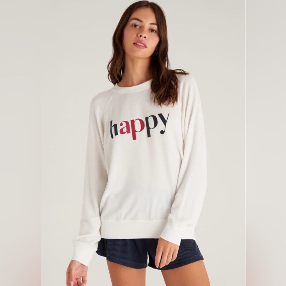 Z Supply Happy Graphic Print Sweatshirt Ivory White Crew Neck Lightweight M